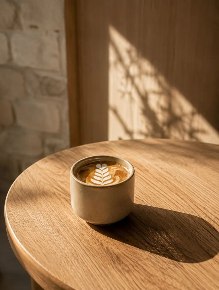 Latte servido en una taza sobre una mesa de madera